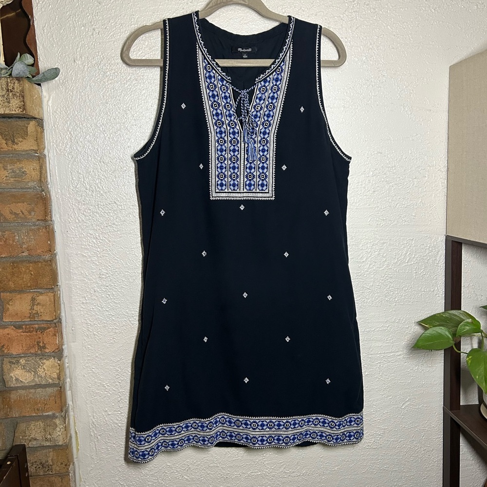 Madewell Black Mini Dress with Blue & White Embroidery